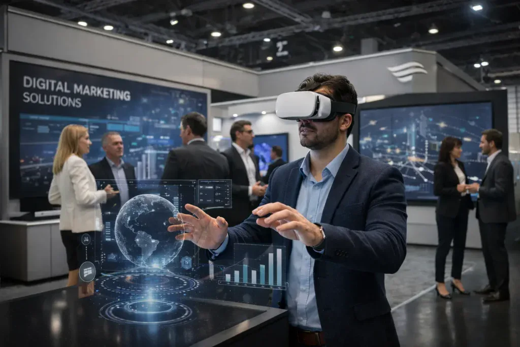 Demostración de realidad virtual en un stand tecnológico dentro de una feria B2B de marketing, donde los asistentes interactúan con contenido digital inmersivo.