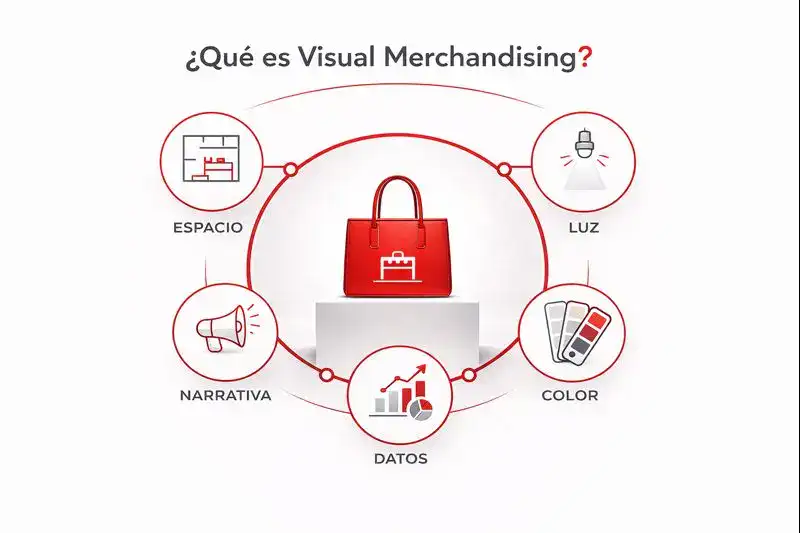 Infografía que explica los pilares del visual merchandising: espacio, iluminación, color, narrativa y datos para optimizar exhibición y experiencia de marca.