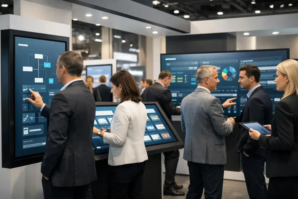 Ejecutivos interactúan con pantallas táctiles y soluciones de digital signage dentro de un stand B2B, explorando contenidos dinámicos y experiencias interactivas que extienden el tiempo de permanencia y facilitan la captación de leads en entornos feriales profesionales.