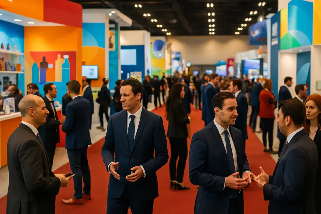 networking-ejecutivos-expo-b2b-expopublicitas Escena de networking corporativo en una exposición de marketing y publicidad, con ejecutivos conversando en un entorno B2B que refleja el dinamismo de ExpoPublicitas.
