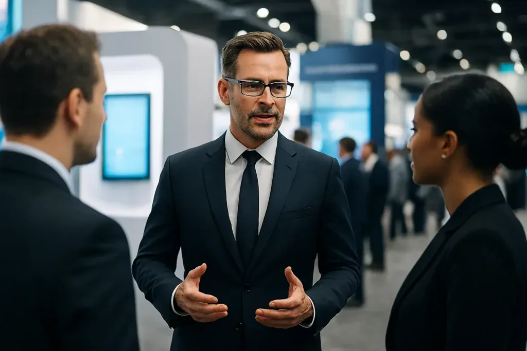 prospectar-clientes-en-evento-b2b CEO conversando con potenciales clientes en un entorno B2B, ejemplificando la prospección activa durante un evento o exposición