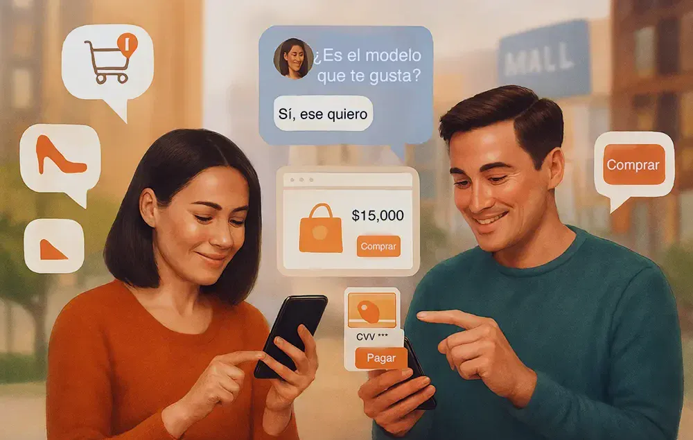 Pareja interactuando con sus teléfonos durante el Buen Fin 2025, ejemplo de comercio conversacional con chatbots y compras online en México.