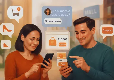 Pareja interactuando con sus teléfonos durante el Buen Fin 2025, ejemplo de comercio conversacional con chatbots y compras online en México.