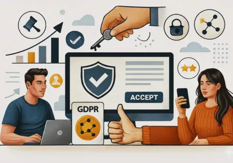 La confianza digital y el consentimiento están redefiniendo el marketing en 2026 Escena ilustrada de usuarios aceptando permisos de datos en plataformas digitales, con símbolos de seguridad, privacidad y control de información en entornos de marketing digital.