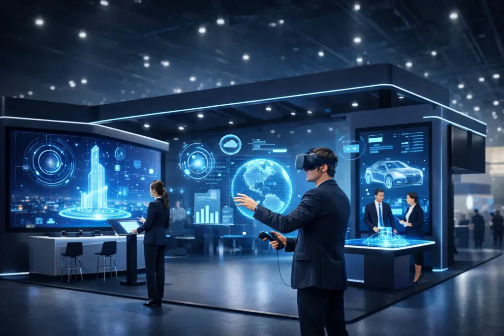 Stand interactivo con tecnología inmersiva en feria B2B, integrando realidad virtual, pantallas de Digital Signage y experiencias interactivas para atraer y convertir visitantes en leads.
