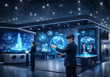 Stand interactivo con tecnología inmersiva en feria B2B, integrando realidad virtual, pantallas de Digital Signage y experiencias interactivas para atraer y convertir visitantes en leads.