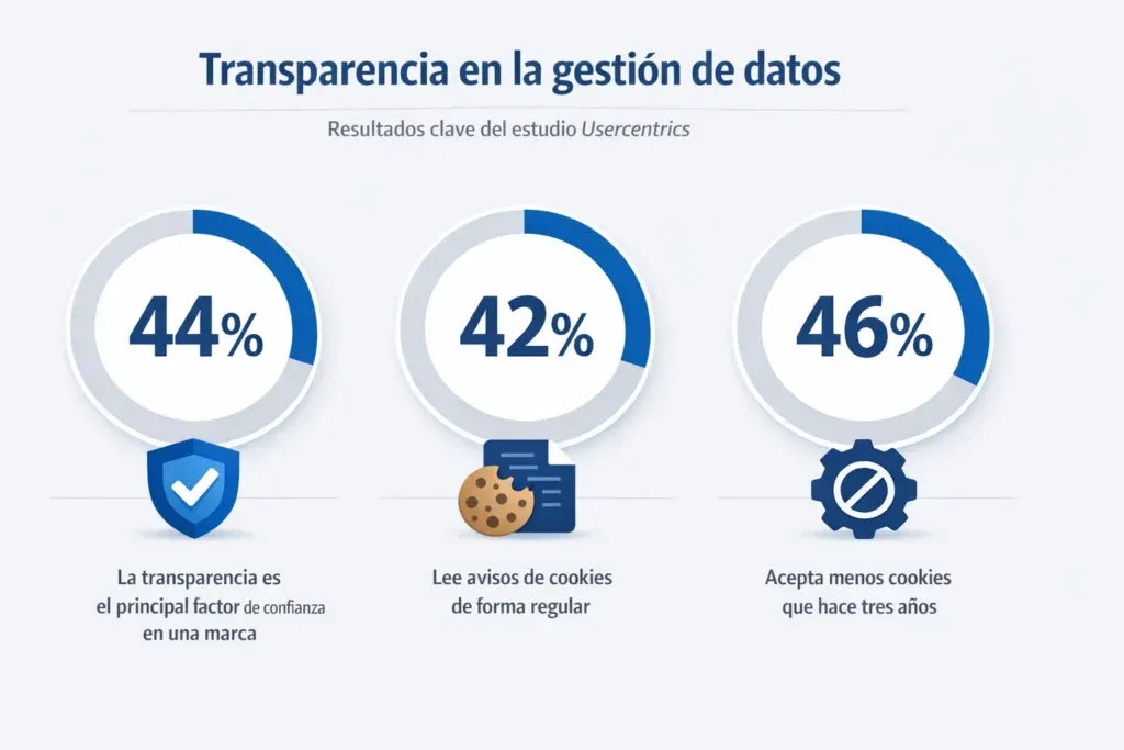 Infografía con gráficos circulares que muestran porcentajes sobre transparencia en la gestión de datos, lectura de políticas de cookies y reducción en la aceptación automática de cookies por parte de los usuarios.