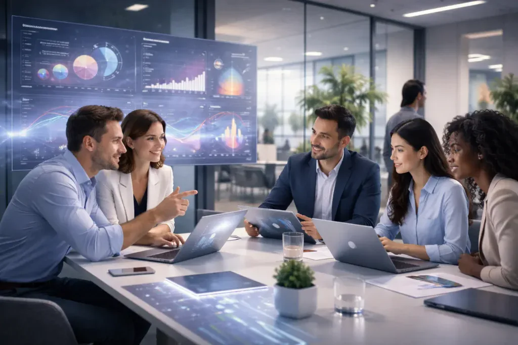Profesionales de marketing analizan métricas y dashboards avanzados en un entorno colaborativo, donde la inteligencia artificial apoya la toma de decisiones estratégicas y la optimización de experiencias de marca mediante el uso de datos en tiempo real.