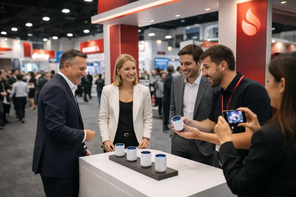 Activación de marca B2B en feria tipo ExpoPublicitas, donde asistentes interactúan con un producto en un stand, generando engagement y networking profesional.