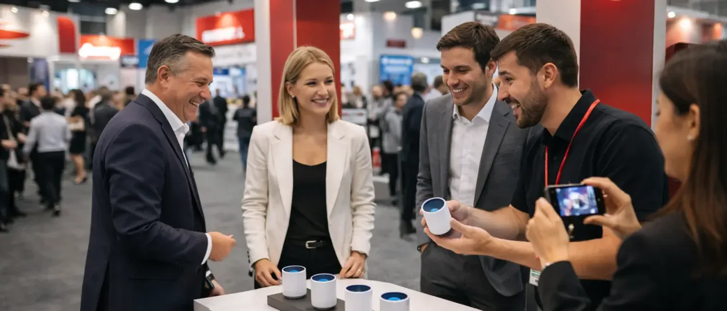 Activación de marca B2B en feria tipo ExpoPublicitas, donde asistentes interactúan con un producto en un stand, generando engagement y networking profesional.