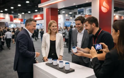 Activación de marca B2B en feria tipo ExpoPublicitas, donde asistentes interactúan con un producto en un stand, generando engagement y networking profesional.