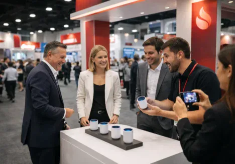 Activaciones de marca BTL para crear experiencias memorables Activación de marca B2B en feria tipo ExpoPublicitas, donde asistentes interactúan con un producto en un stand, generando engagement y networking profesional.