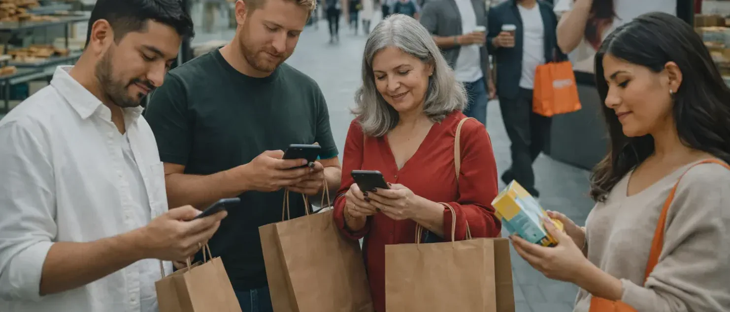 Personas interactuando con marcas en un entorno urbano, combinando compras físicas y digitales desde sus dispositivos móviles, reflejando el comportamiento omnicanal en el marketing global.