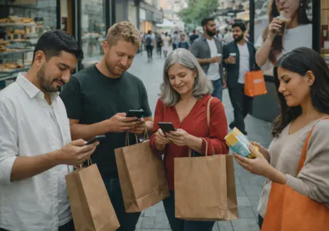 Personas interactuando con marcas en un entorno urbano, combinando compras físicas y digitales desde sus dispositivos móviles, reflejando el comportamiento omnicanal en el marketing global.