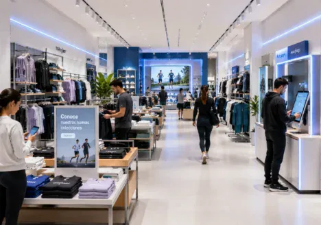 Cadena de retail: cómo funcionan las marcas que dominan el comercio minorista Tienda retail moderna con pantallas digitales, visual merchandising y consumidores interactuando con tecnologías aplicadas a la experiencia de compra.